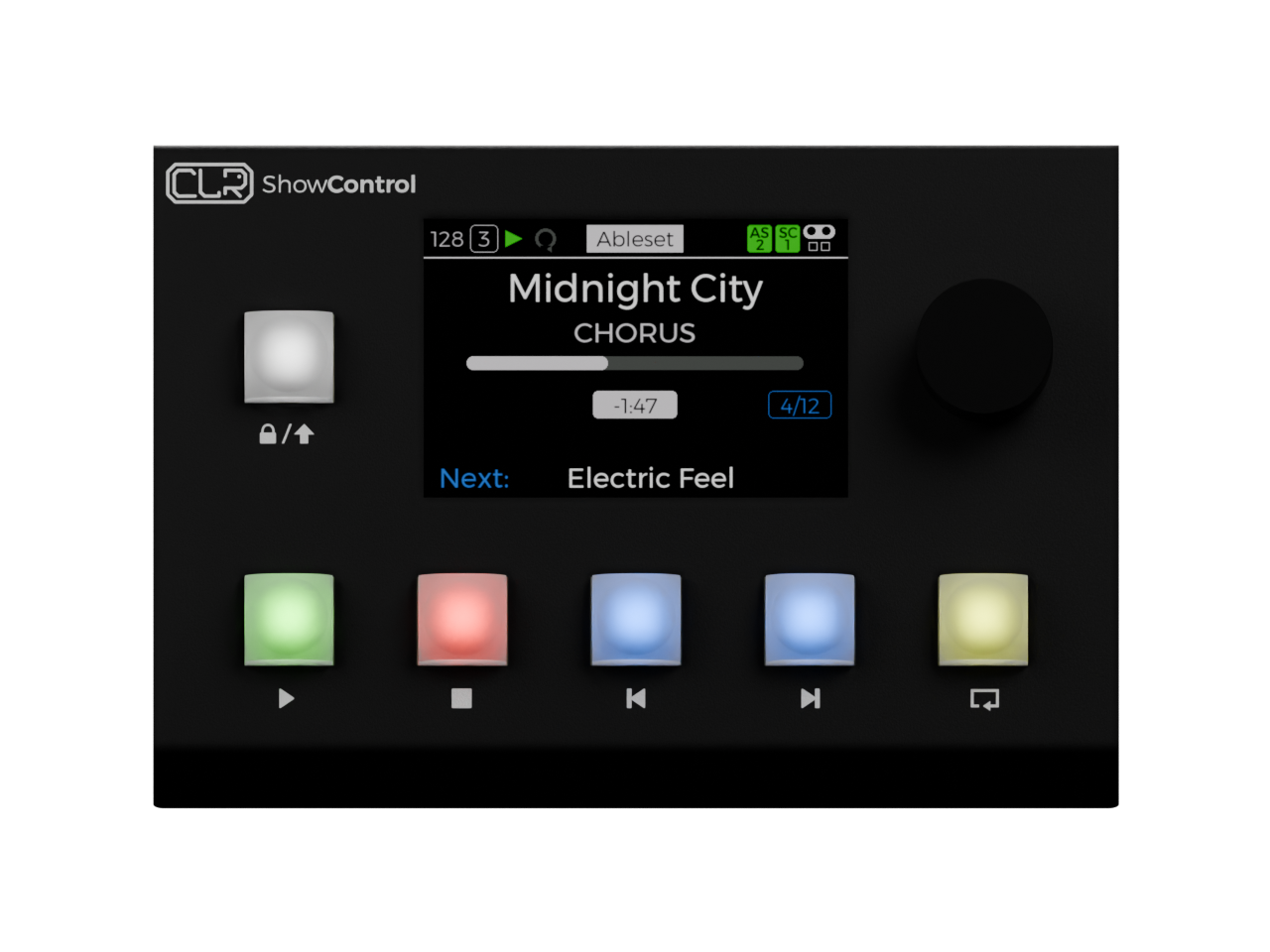 Show Control hardware with interactive transport buttons, jog wheel and performance lock