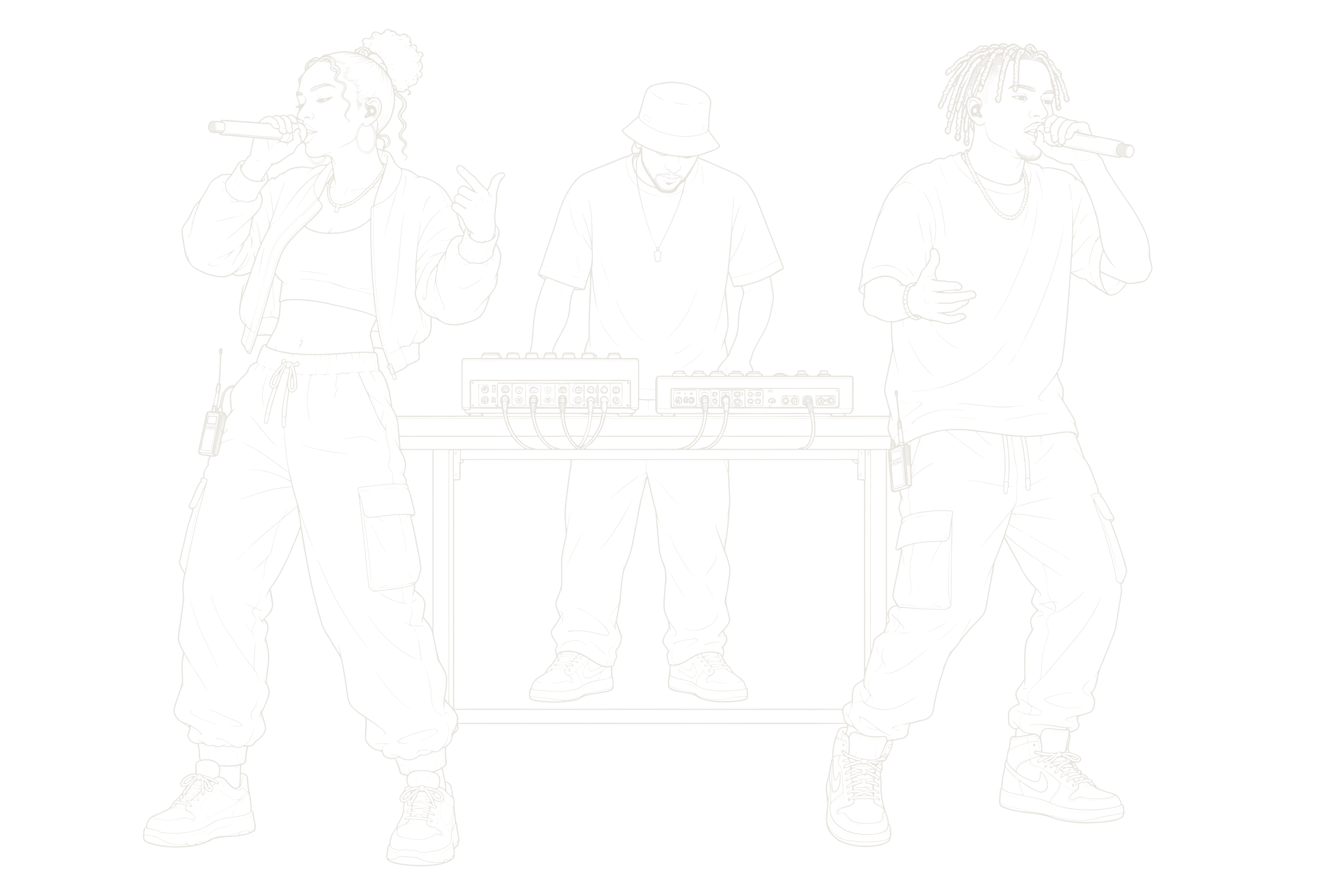 Vocal performers sharing a stage with a DJ