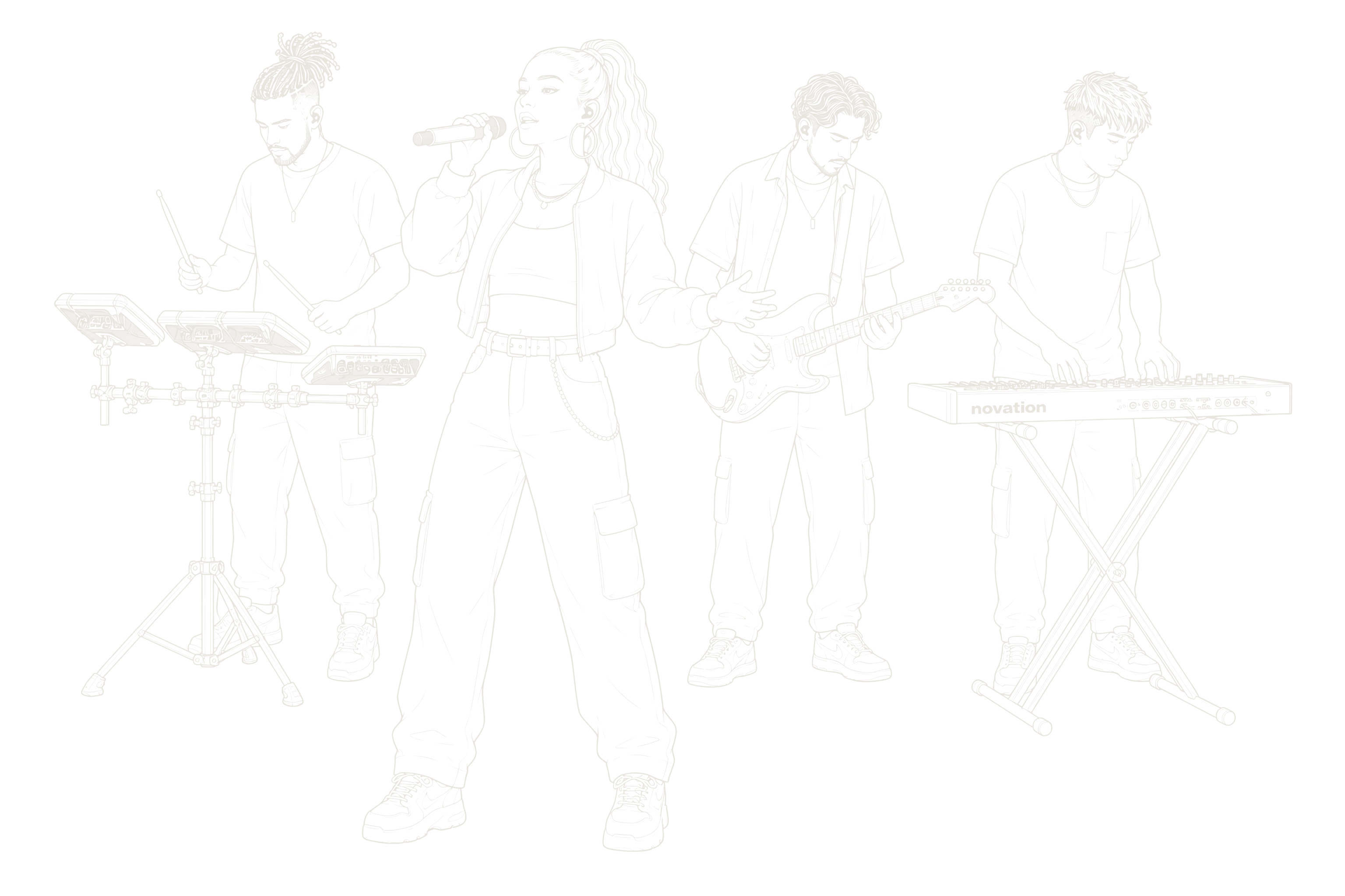 Four-piece ensemble with vocals, electronic drums, guitar, and keyboards