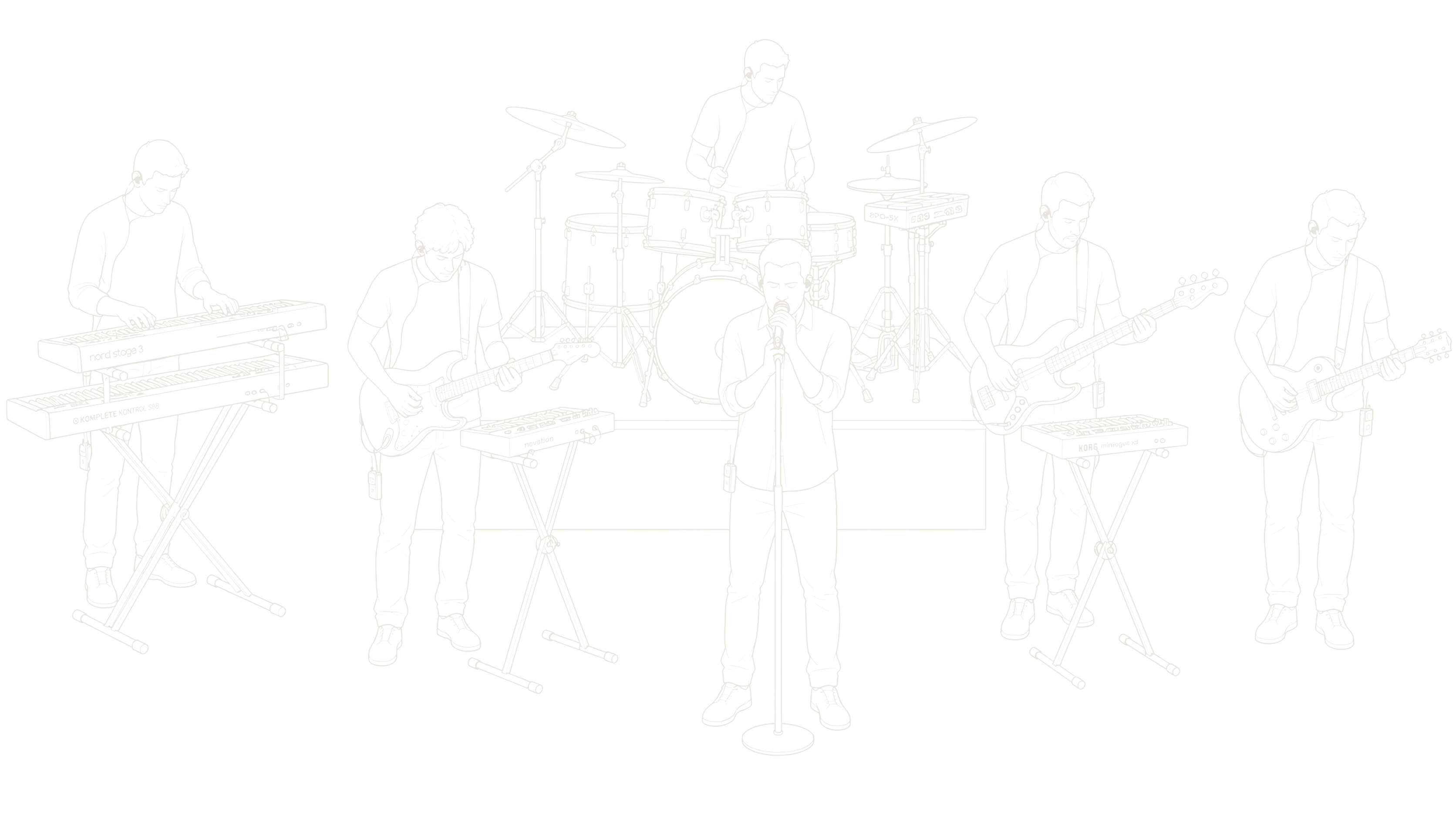Six-piece live band with keyboards, guitars, bass, drums, and vocals