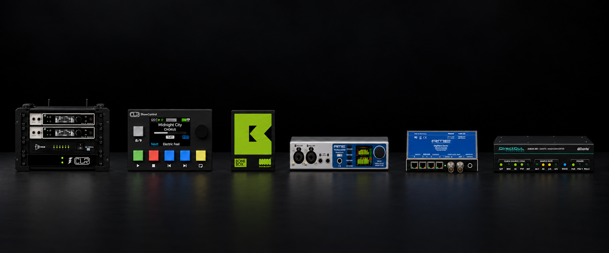 CLR hardware in one scene: front-view wireless rack, Show Control, RME Fireface UCX, BomeBox, RME Digiface Dante and DirectOut EXBOX.MD