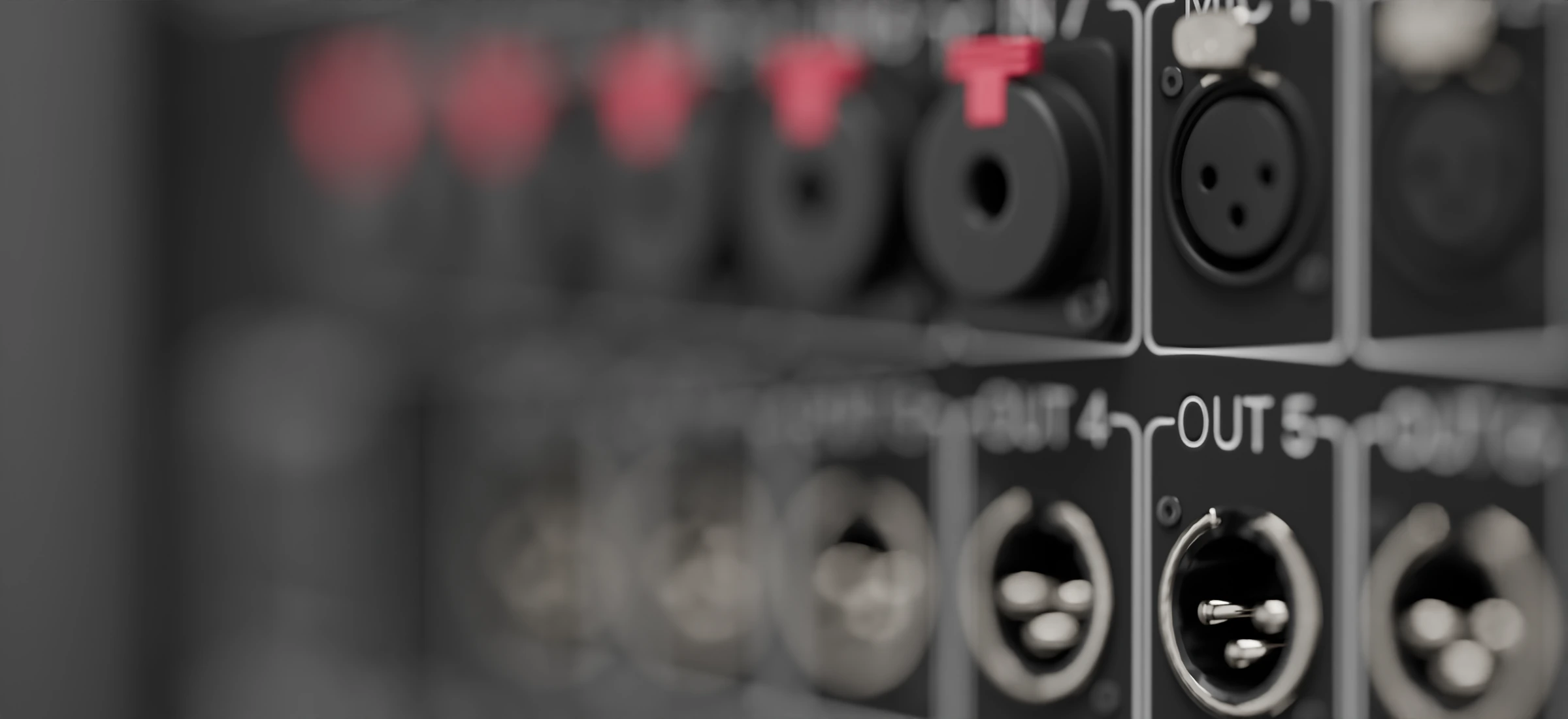 Close view across the Band in a Box rear connections, with the distant left sockets falling out of focus