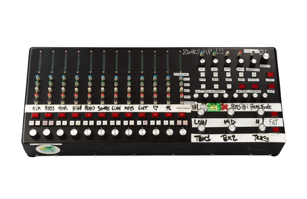 CLR custom controller with repeated channel controls on the left and a dedicated effects and transport area on the right