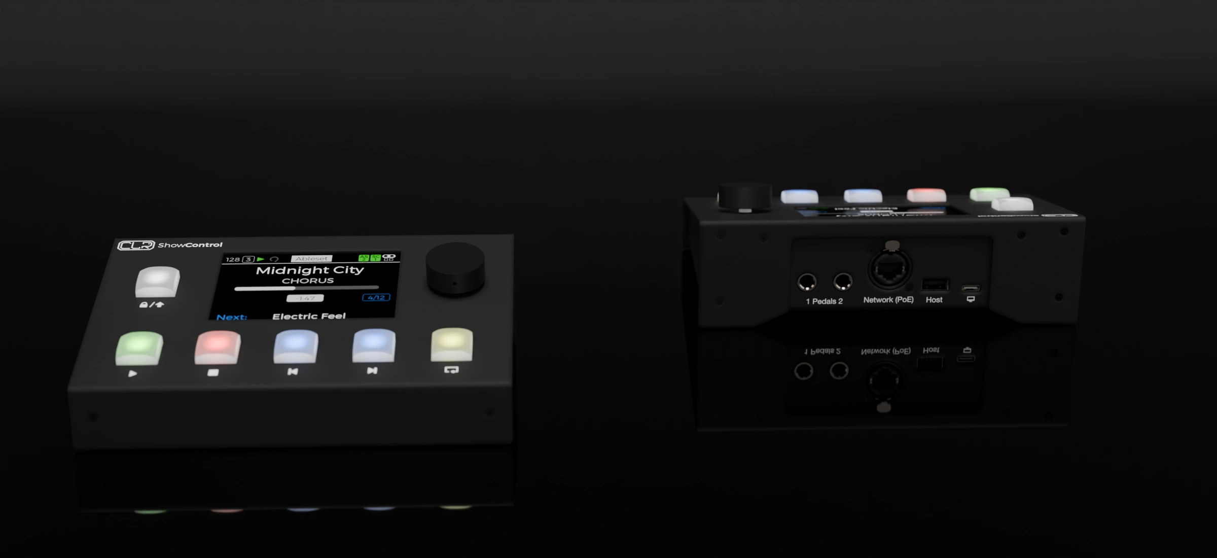 Show Control front controls and rear connections together on the reflective CLR studio floor, with shallow depth of field