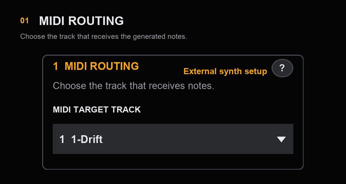 Auto Sampler MIDI Routing section with target-track chooser and external-synth routing reminder.