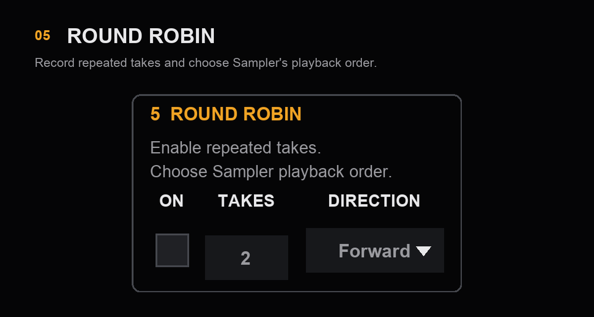 Auto Sampler round-robin take count and Forward, Backward, Other or Random playback direction.