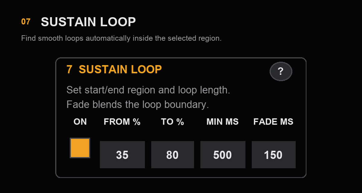 Auto Sampler sustain-loop search region, minimum loop length and crossfade controls.