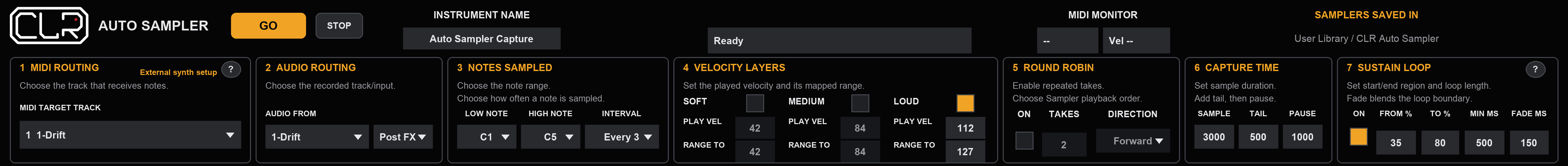 Complete CLR Auto Sampler interface illustration with routing, note range, velocity layers, round robin, capture timing and sustain-loop controls.