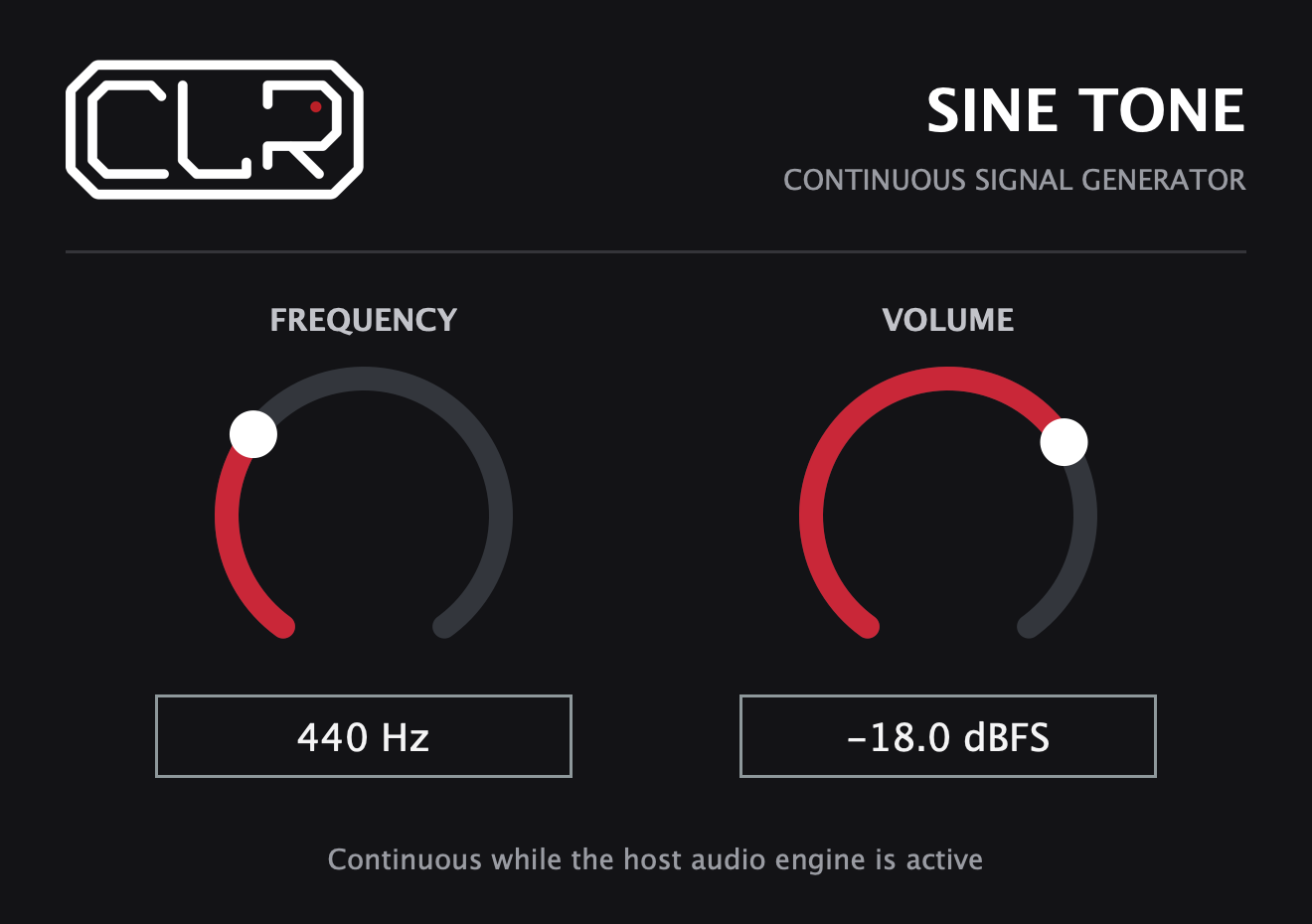 CLR SineTone plug-in with frequency set to 440 Hz and volume set to minus 18 dBFS.