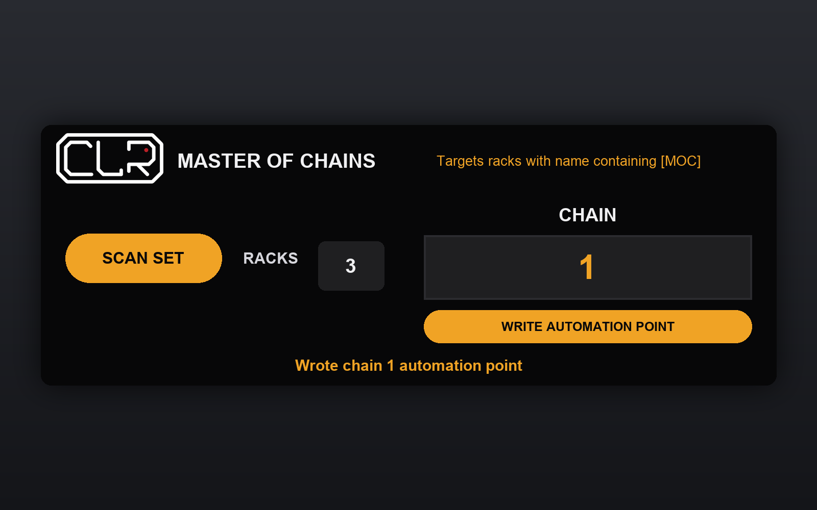 Master of Chains Max for Live interface showing three detected Racks, Chain 1 and the Write Automation Point button.