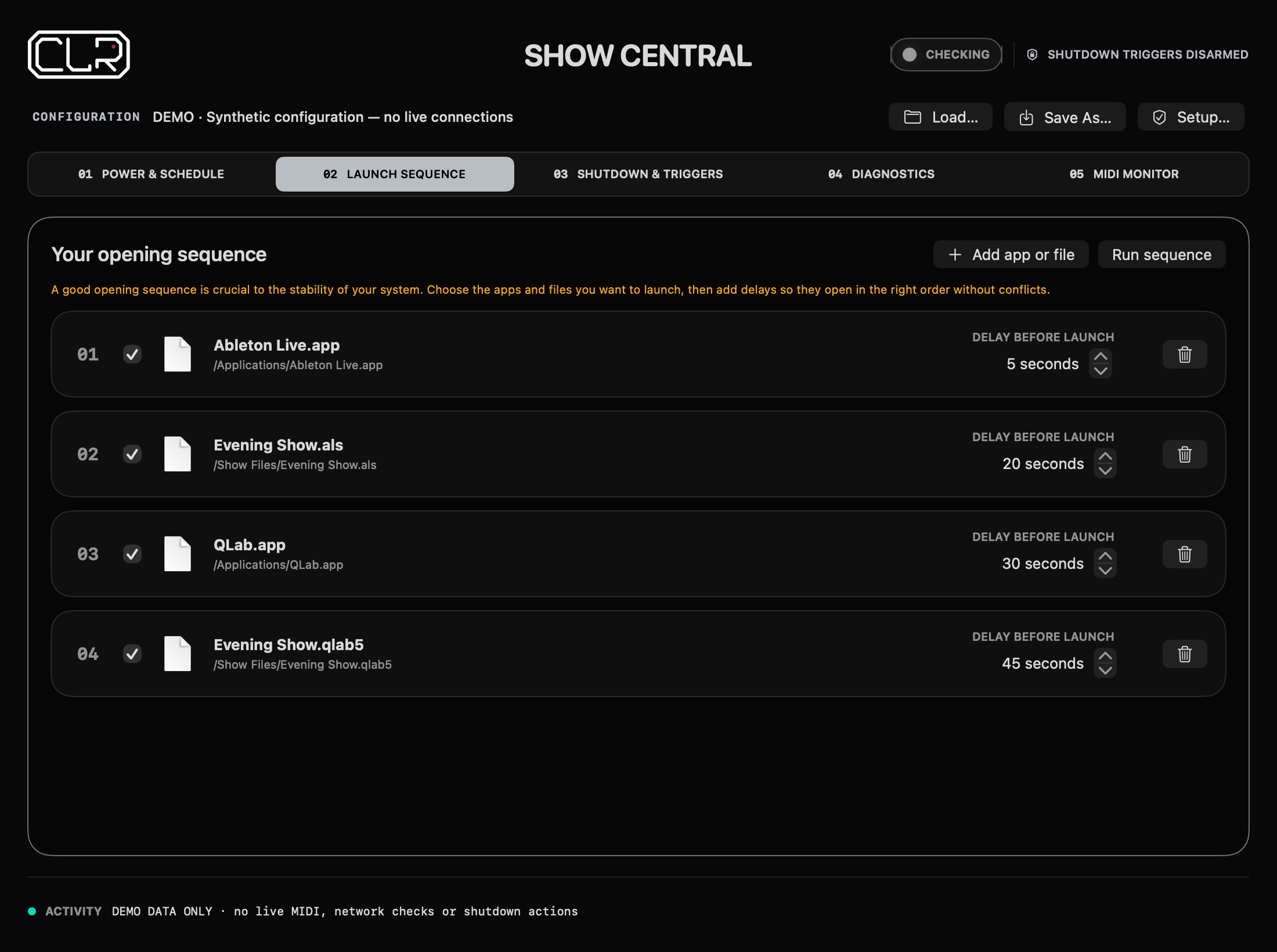 Current Show Central 0.3.9 Launch Sequence view with all five tabs, the readiness indicator and demo app/file cues; shutdown is disarmed.